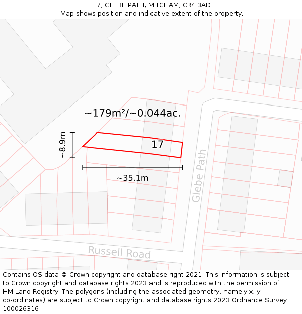 17, GLEBE PATH, MITCHAM, CR4 3AD: Plot and title map