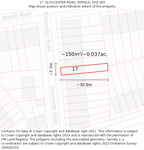 17, GLOUCESTER ROAD, ENFIELD, EN2 0EX: Plot and title map