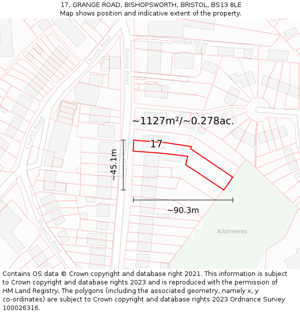 17, GRANGE ROAD, BISHOPSWORTH, BRISTOL, BS13 8LE: Plot and title map