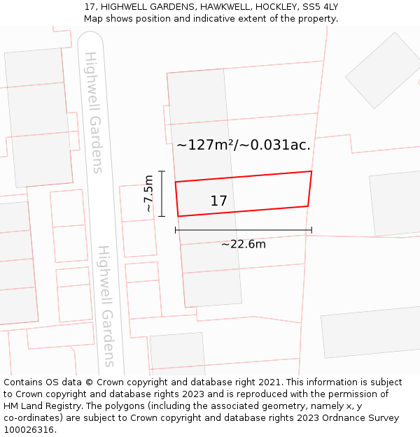 17, HIGHWELL GARDENS, HAWKWELL, HOCKLEY, SS5 4LY: Plot and title map