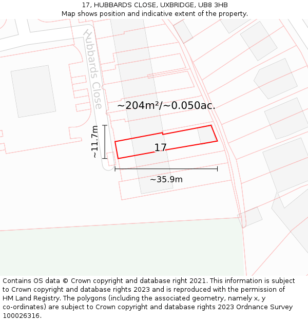 17, HUBBARDS CLOSE, UXBRIDGE, UB8 3HB: Plot and title map