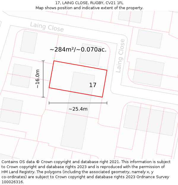 17, LAING CLOSE, RUGBY, CV21 1FL: Plot and title map