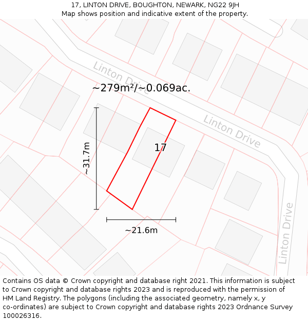 17, LINTON DRIVE, BOUGHTON, NEWARK, NG22 9JH: Plot and title map