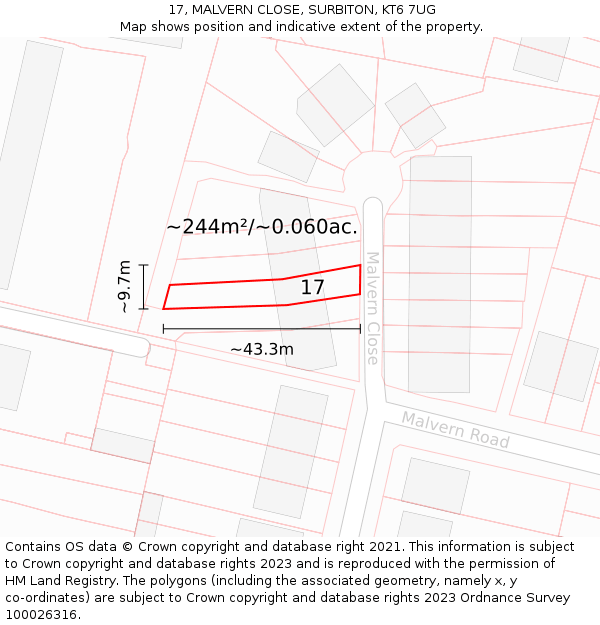 17, MALVERN CLOSE, SURBITON, KT6 7UG: Plot and title map