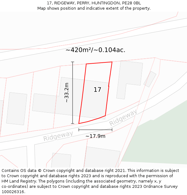 17, RIDGEWAY, PERRY, HUNTINGDON, PE28 0BL: Plot and title map