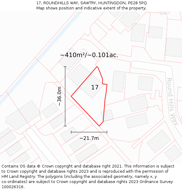 17, ROUNDHILLS WAY, SAWTRY, HUNTINGDON, PE28 5PQ: Plot and title map