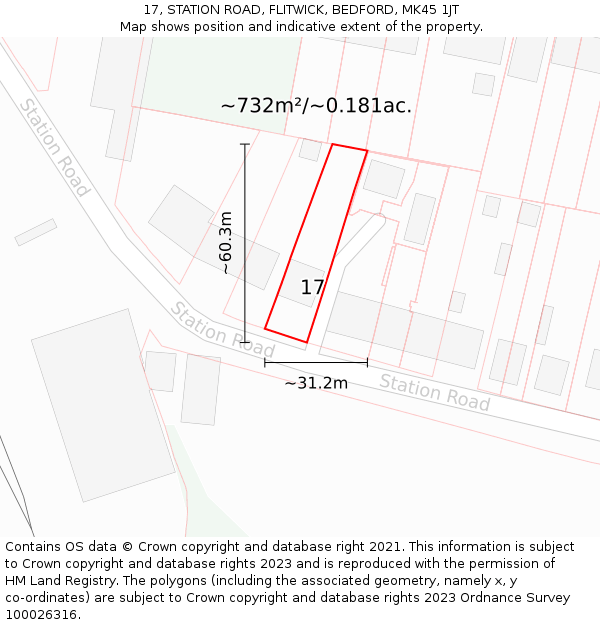 17, STATION ROAD, FLITWICK, BEDFORD, MK45 1JT: Plot and title map