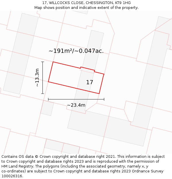17, WILLCOCKS CLOSE, CHESSINGTON, KT9 1HG: Plot and title map