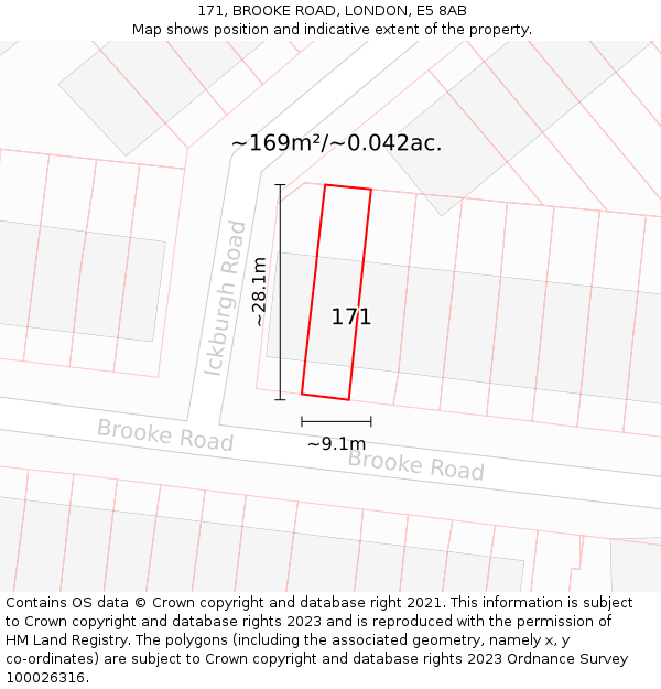 171, BROOKE ROAD, LONDON, E5 8AB: Plot and title map