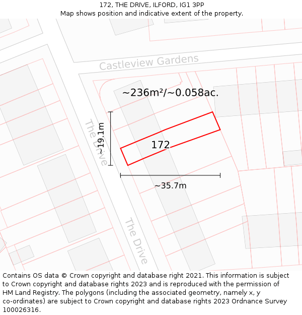 172, THE DRIVE, ILFORD, IG1 3PP: Plot and title map