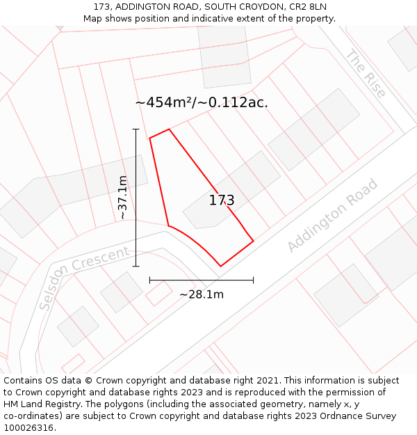 173, ADDINGTON ROAD, SOUTH CROYDON, CR2 8LN: Plot and title map