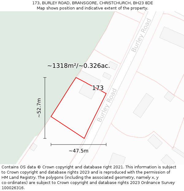173, BURLEY ROAD, BRANSGORE, CHRISTCHURCH, BH23 8DE: Plot and title map