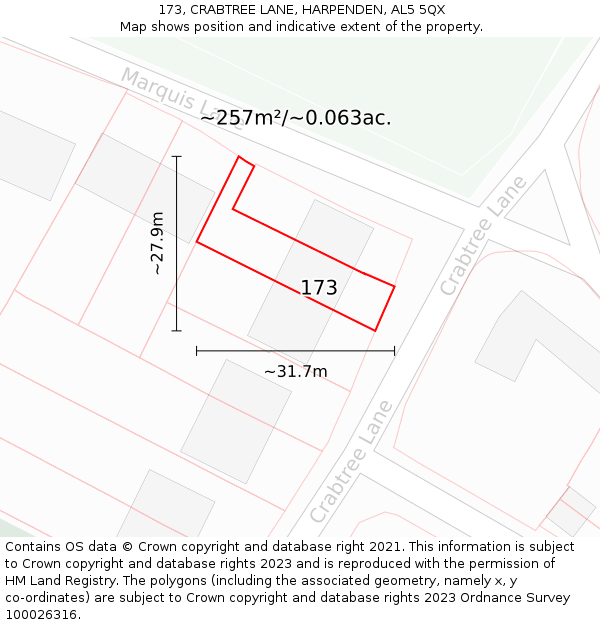 173, CRABTREE LANE, HARPENDEN, AL5 5QX: Plot and title map