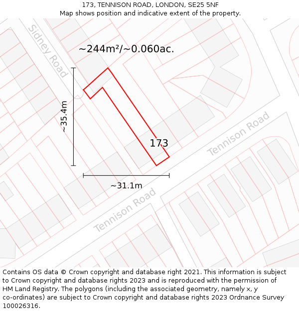 173, TENNISON ROAD, LONDON, SE25 5NF: Plot and title map