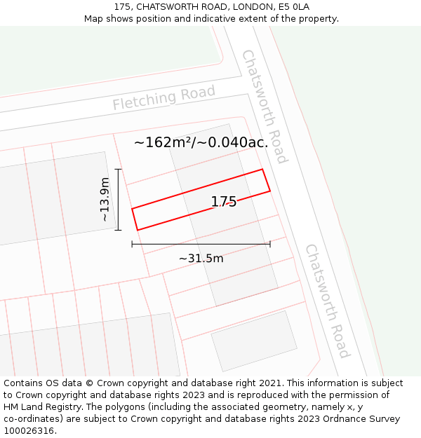 175, CHATSWORTH ROAD, LONDON, E5 0LA: Plot and title map