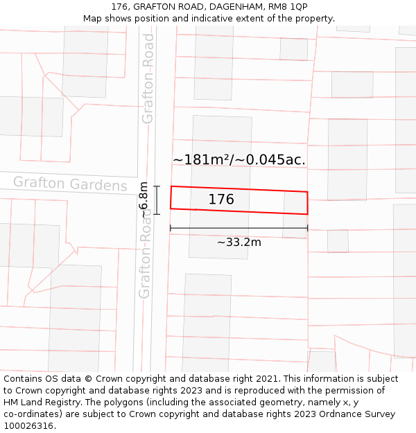 176, GRAFTON ROAD, DAGENHAM, RM8 1QP: Plot and title map