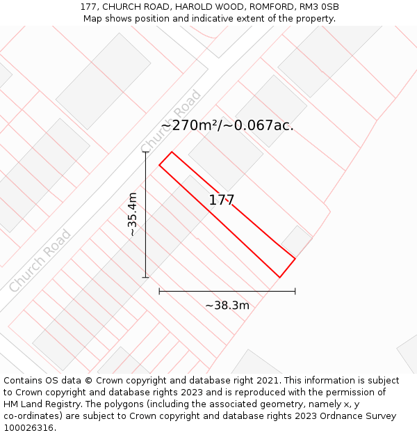 177, CHURCH ROAD, HAROLD WOOD, ROMFORD, RM3 0SB: Plot and title map