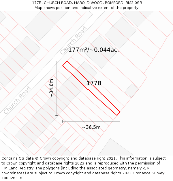 177B, CHURCH ROAD, HAROLD WOOD, ROMFORD, RM3 0SB: Plot and title map