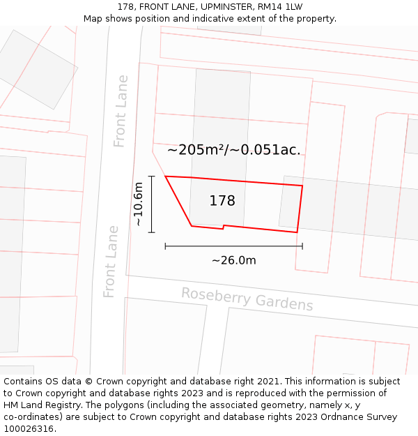 178, FRONT LANE, UPMINSTER, RM14 1LW: Plot and title map