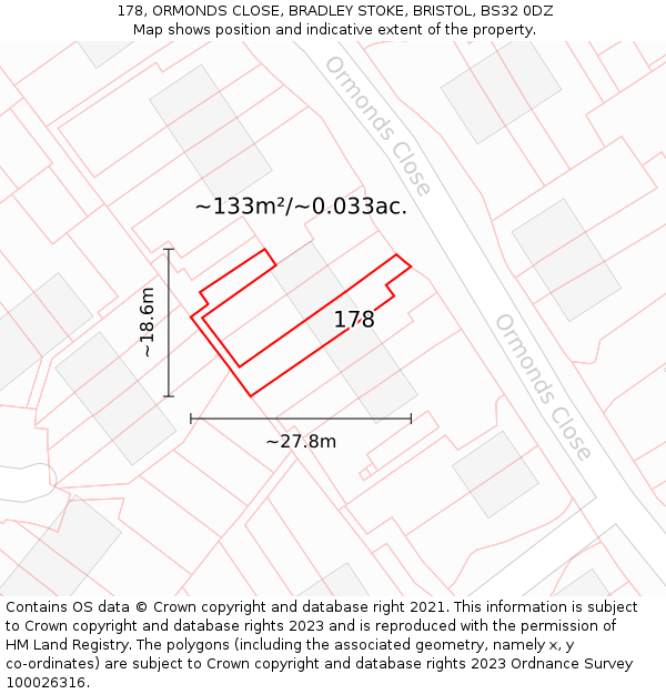 178, ORMONDS CLOSE, BRADLEY STOKE, BRISTOL, BS32 0DZ: Plot and title map