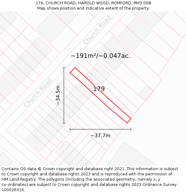 179, CHURCH ROAD, HAROLD WOOD, ROMFORD, RM3 0SB: Plot and title map