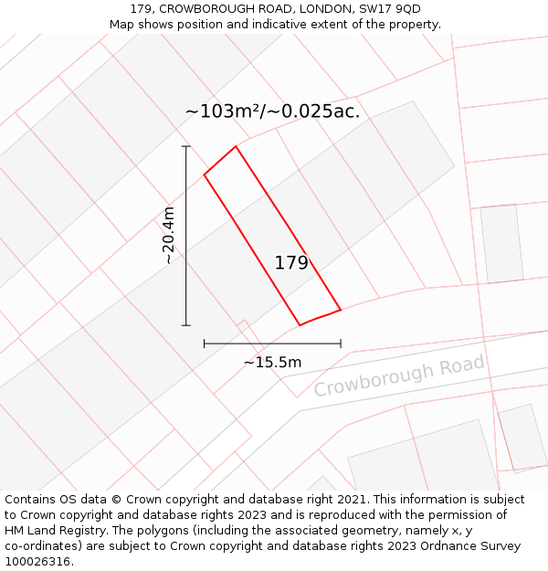 179, CROWBOROUGH ROAD, LONDON, SW17 9QD: Plot and title map
