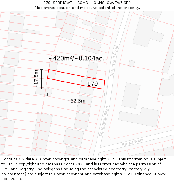 179, SPRINGWELL ROAD, HOUNSLOW, TW5 9BN: Plot and title map