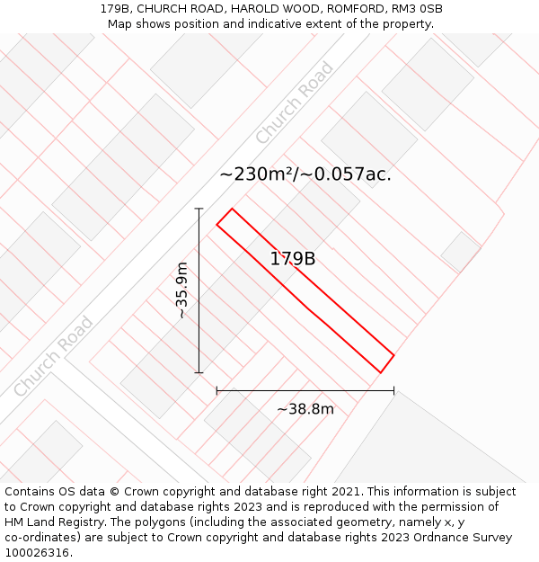 179B, CHURCH ROAD, HAROLD WOOD, ROMFORD, RM3 0SB: Plot and title map