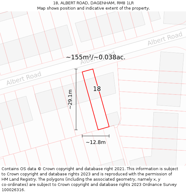 18, ALBERT ROAD, DAGENHAM, RM8 1LR: Plot and title map