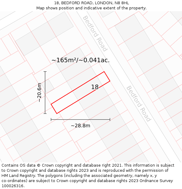 18, BEDFORD ROAD, LONDON, N8 8HL: Plot and title map
