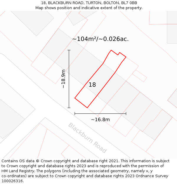 18, BLACKBURN ROAD, TURTON, BOLTON, BL7 0BB: Plot and title map