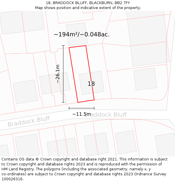 18, BRADDOCK BLUFF, BLACKBURN, BB2 7FY: Plot and title map
