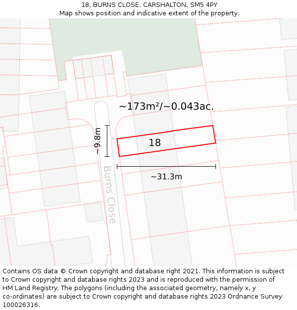 18, BURNS CLOSE, CARSHALTON, SM5 4PY: Plot and title map