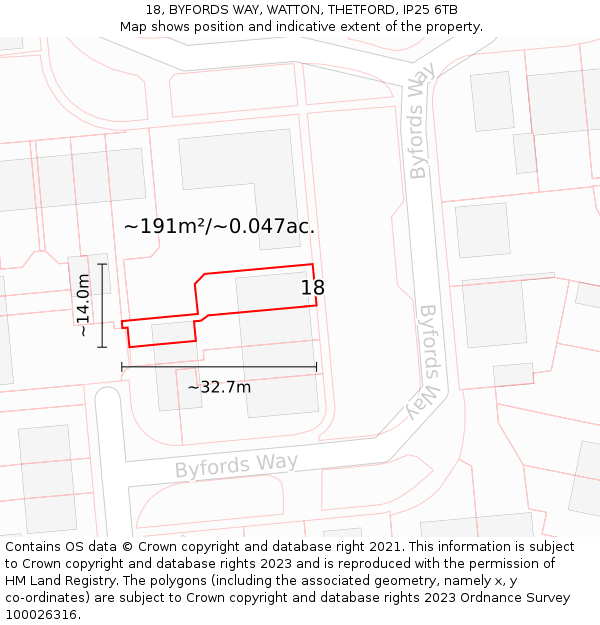 18, BYFORDS WAY, WATTON, THETFORD, IP25 6TB: Plot and title map