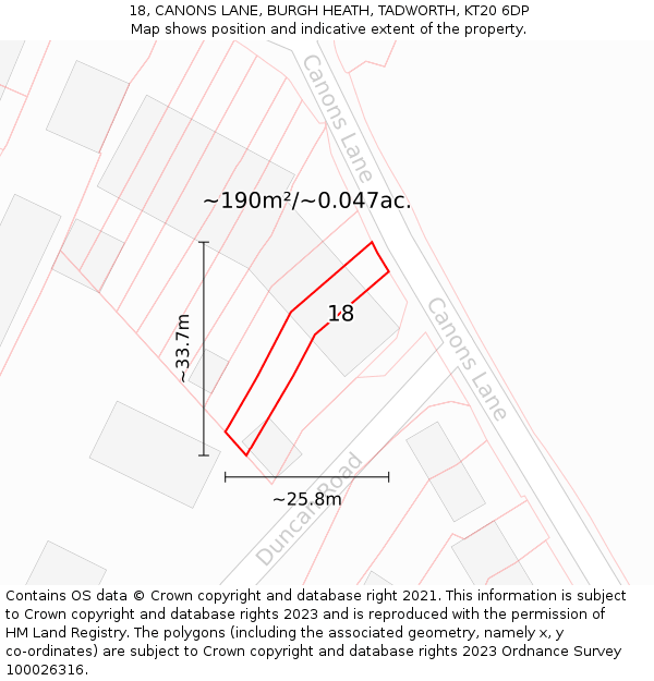 18, CANONS LANE, BURGH HEATH, TADWORTH, KT20 6DP: Plot and title map