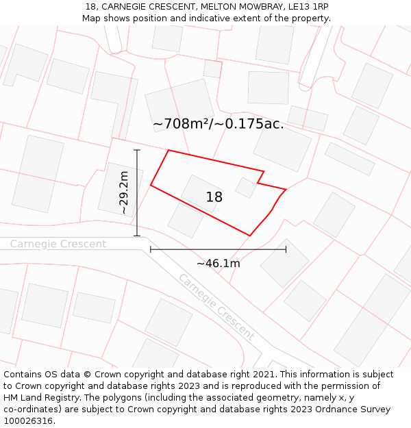 18, CARNEGIE CRESCENT, MELTON MOWBRAY, LE13 1RP: Plot and title map