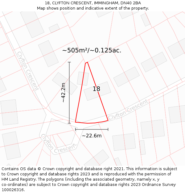 18, CLYFTON CRESCENT, IMMINGHAM, DN40 2BA: Plot and title map