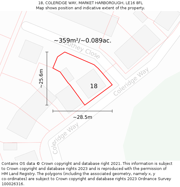 18, COLERIDGE WAY, MARKET HARBOROUGH, LE16 8FL: Plot and title map