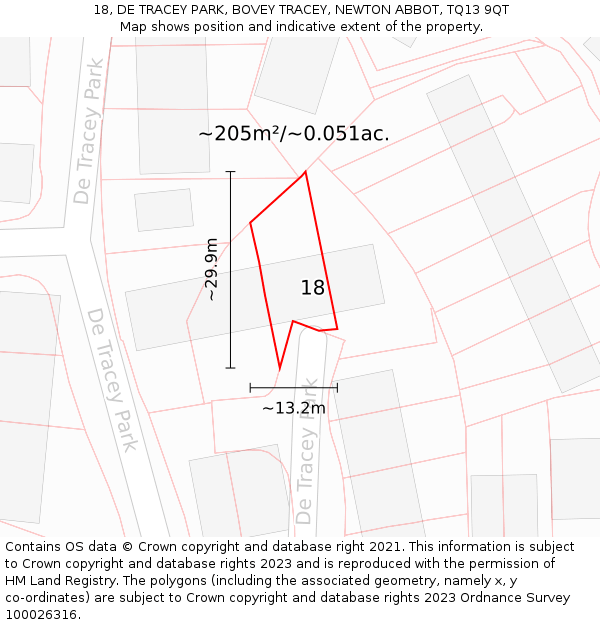 18, DE TRACEY PARK, BOVEY TRACEY, NEWTON ABBOT, TQ13 9QT: Plot and title map