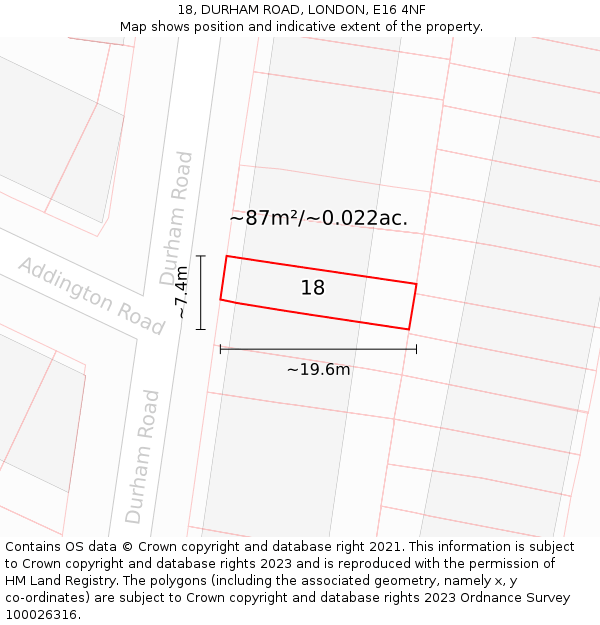 18, DURHAM ROAD, LONDON, E16 4NF: Plot and title map
