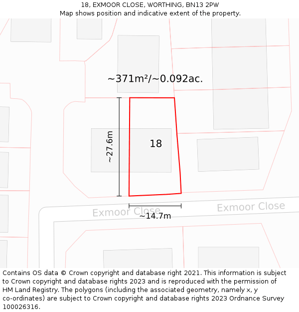 18, EXMOOR CLOSE, WORTHING, BN13 2PW: Plot and title map