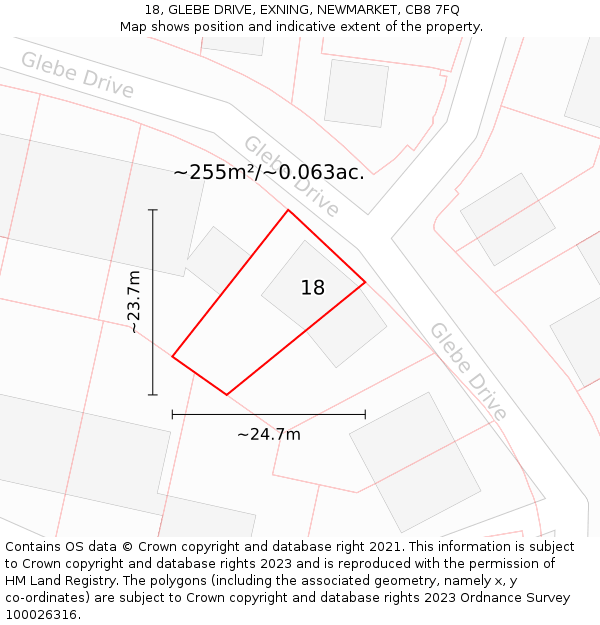 18, GLEBE DRIVE, EXNING, NEWMARKET, CB8 7FQ: Plot and title map