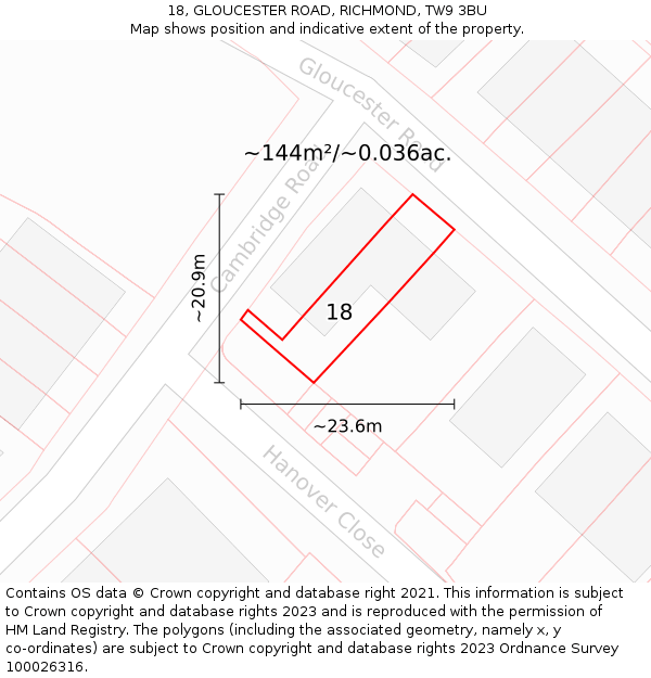 18, GLOUCESTER ROAD, RICHMOND, TW9 3BU: Plot and title map