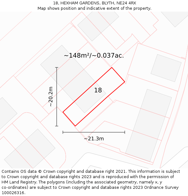 18, HEXHAM GARDENS, BLYTH, NE24 4RX: Plot and title map