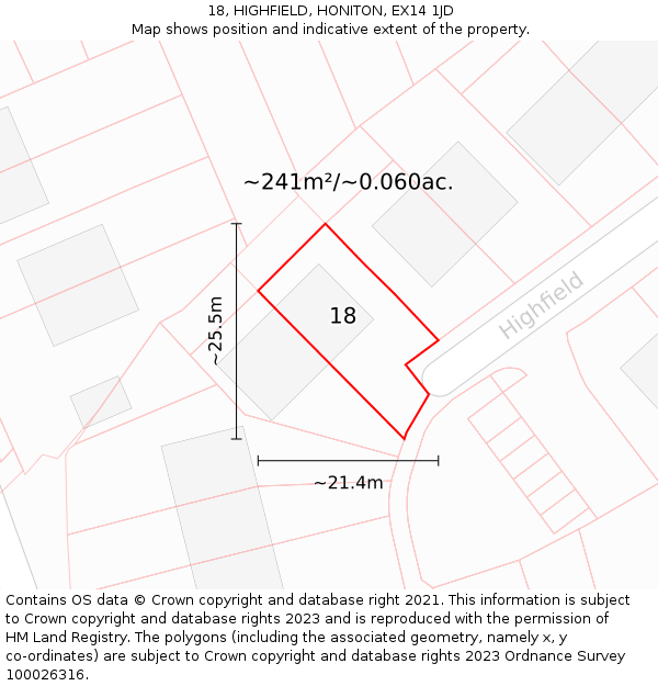 18, HIGHFIELD, HONITON, EX14 1JD: Plot and title map