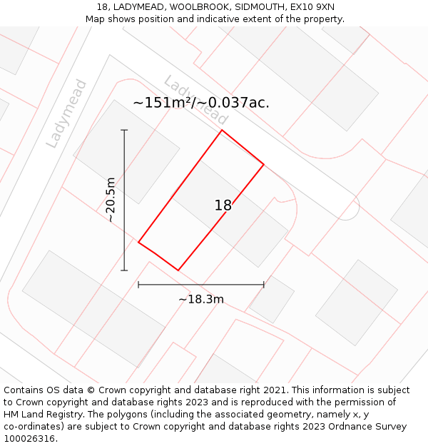 18, LADYMEAD, WOOLBROOK, SIDMOUTH, EX10 9XN: Plot and title map