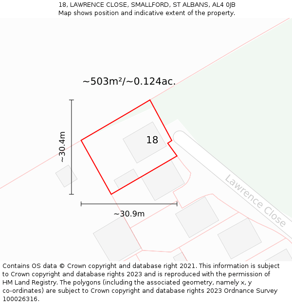 18, LAWRENCE CLOSE, SMALLFORD, ST ALBANS, AL4 0JB: Plot and title map