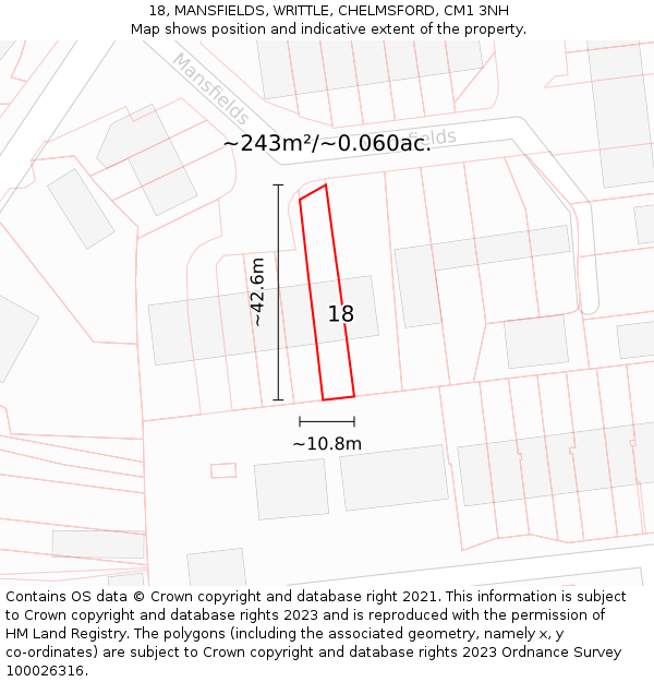 18, MANSFIELDS, WRITTLE, CHELMSFORD, CM1 3NH: Plot and title map