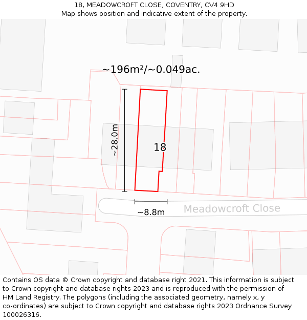 18, MEADOWCROFT CLOSE, COVENTRY, CV4 9HD: Plot and title map