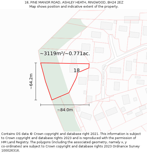 18, PINE MANOR ROAD, ASHLEY HEATH, RINGWOOD, BH24 2EZ: Plot and title map